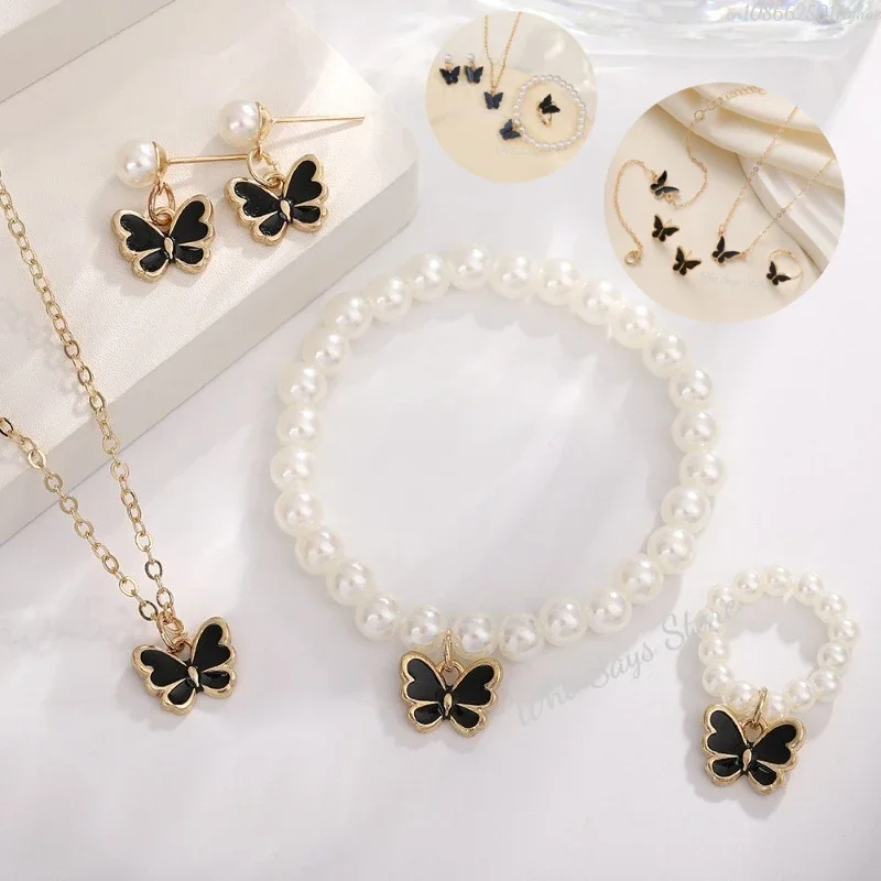 Conjunto de joyería dulce para mujer, colgante de mariposa, collar de perlas de imitación, pendientes de perlas, regalo de joyería para niña, 4 piezas por juego