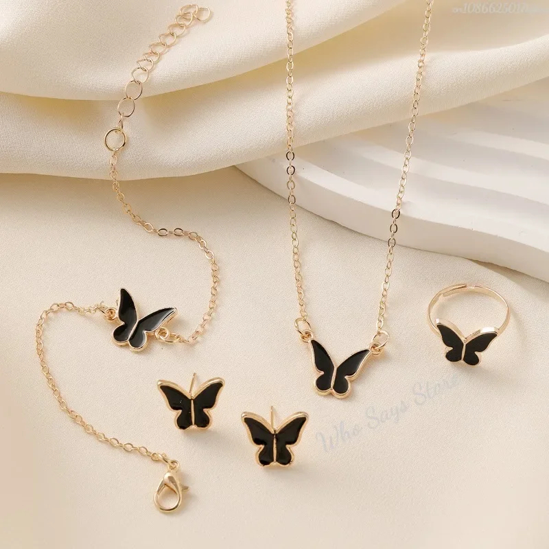 Conjunto de joyería dulce para mujer, colgante de mariposa, collar de perlas de imitación, pendientes de perlas, regalo de joyería para niña, 4 piezas por juego
