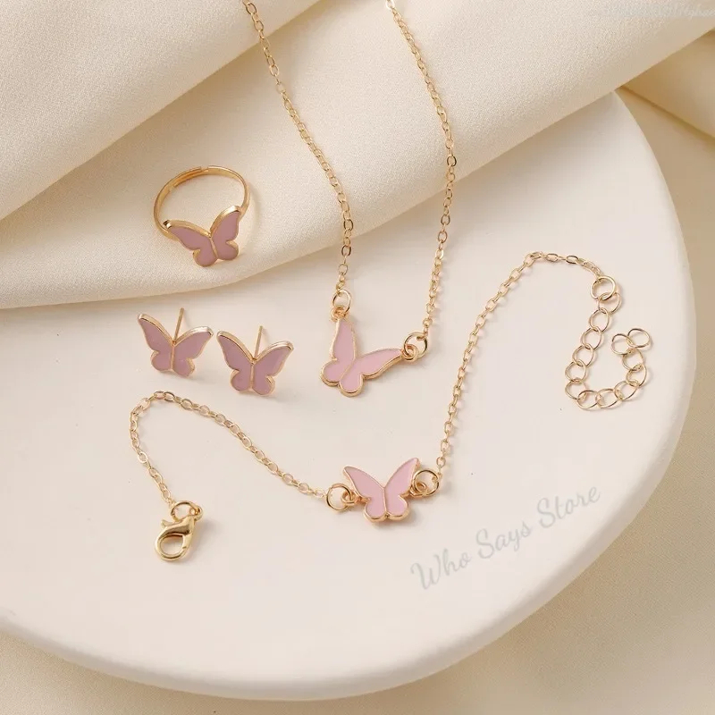 Conjunto de joyería dulce para mujer, colgante de mariposa, collar de perlas de imitación, pendientes de perlas, regalo de joyería para niña, 4 piezas por juego