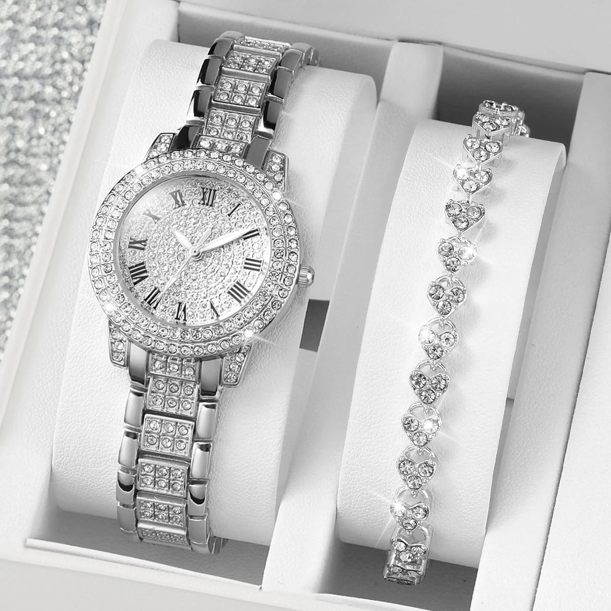 2 unids/set conjunto de pulsera y reloj de cuarzo con diamantes y banda de acero inoxidable para mujer