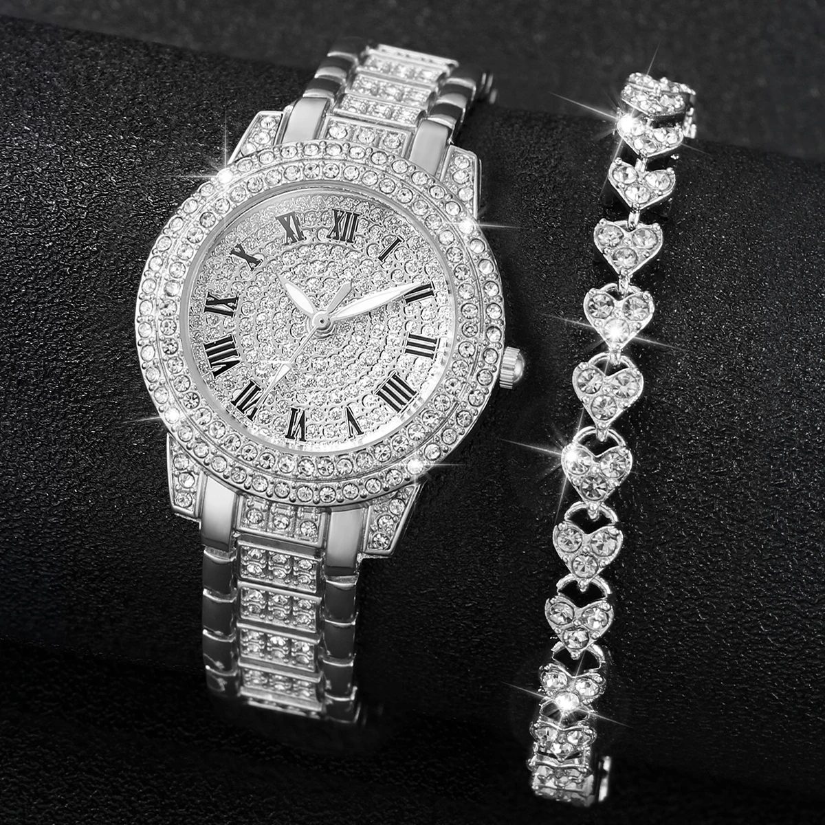 2 unids/set conjunto de pulsera y reloj de cuarzo con diamantes y banda de acero inoxidable para mujer