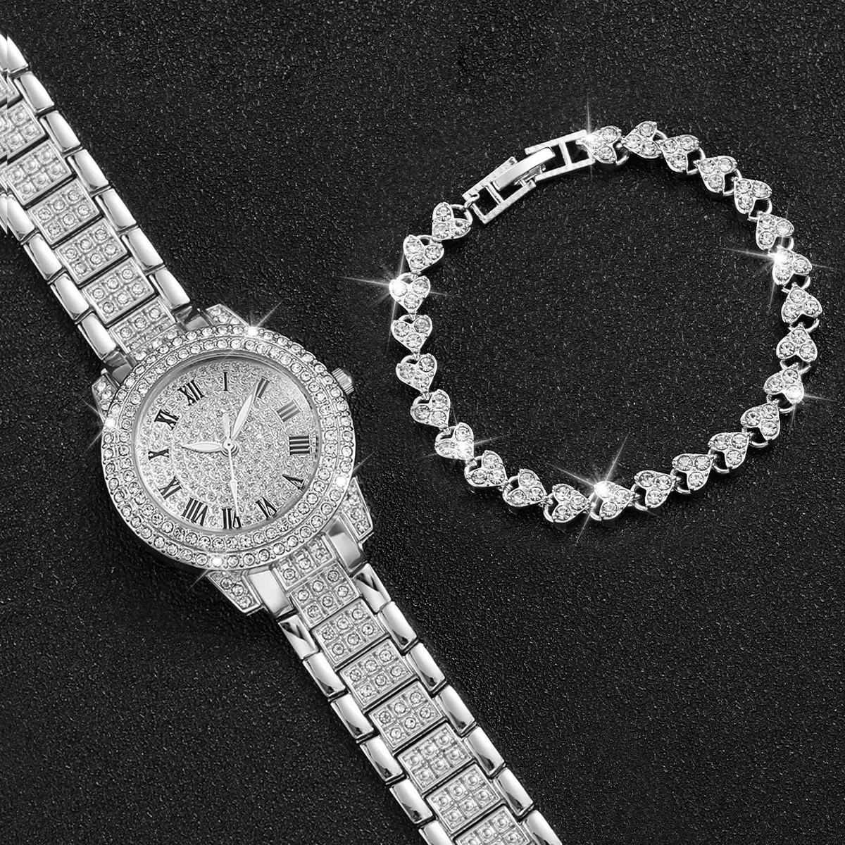 2 unids/set conjunto de pulsera y reloj de cuarzo con diamantes y banda de acero inoxidable para mujer