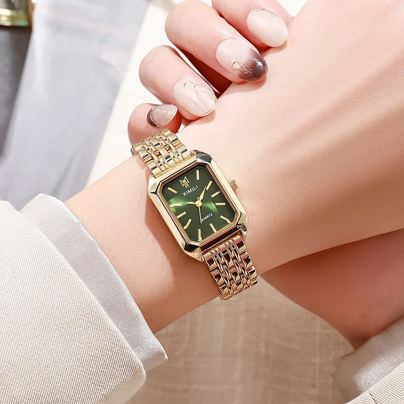 Relojes de pulsera de negocios para mujer, relojes de acero inoxidable de oro rosa de lujo, Reloj de pulsera de cuarzo con esfera cuadrada clásica para mujer, Reloj de pulsera con joyería