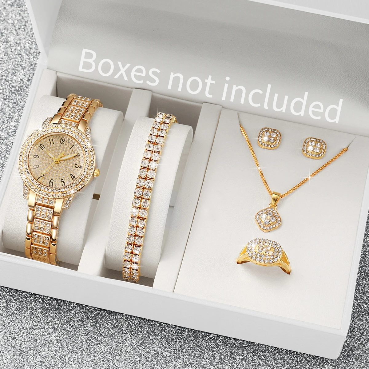 Reloj de mujer con diamantes completos, banda de acero dorado, relojes de cuarzo analógicos, conjunto de joyería (sin caja), 6 uds.