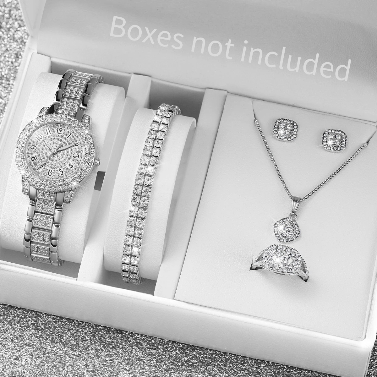 Reloj de mujer con diamantes completos, banda de acero dorado, relojes de cuarzo analógicos, conjunto de joyería (sin caja), 6 uds.