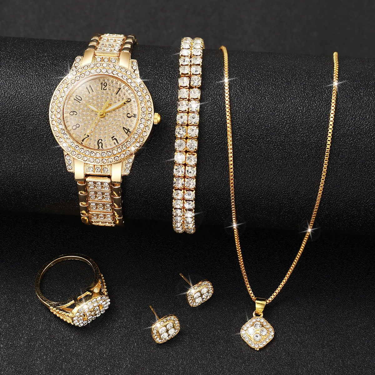 Reloj de mujer con diamantes completos, banda de acero dorado, relojes de cuarzo analógicos, conjunto de joyería (sin caja), 6 uds.