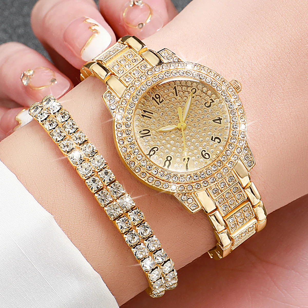 Reloj de mujer con diamantes completos, banda de acero dorado, relojes de cuarzo analógicos, conjunto de joyería (sin caja), 6 uds.