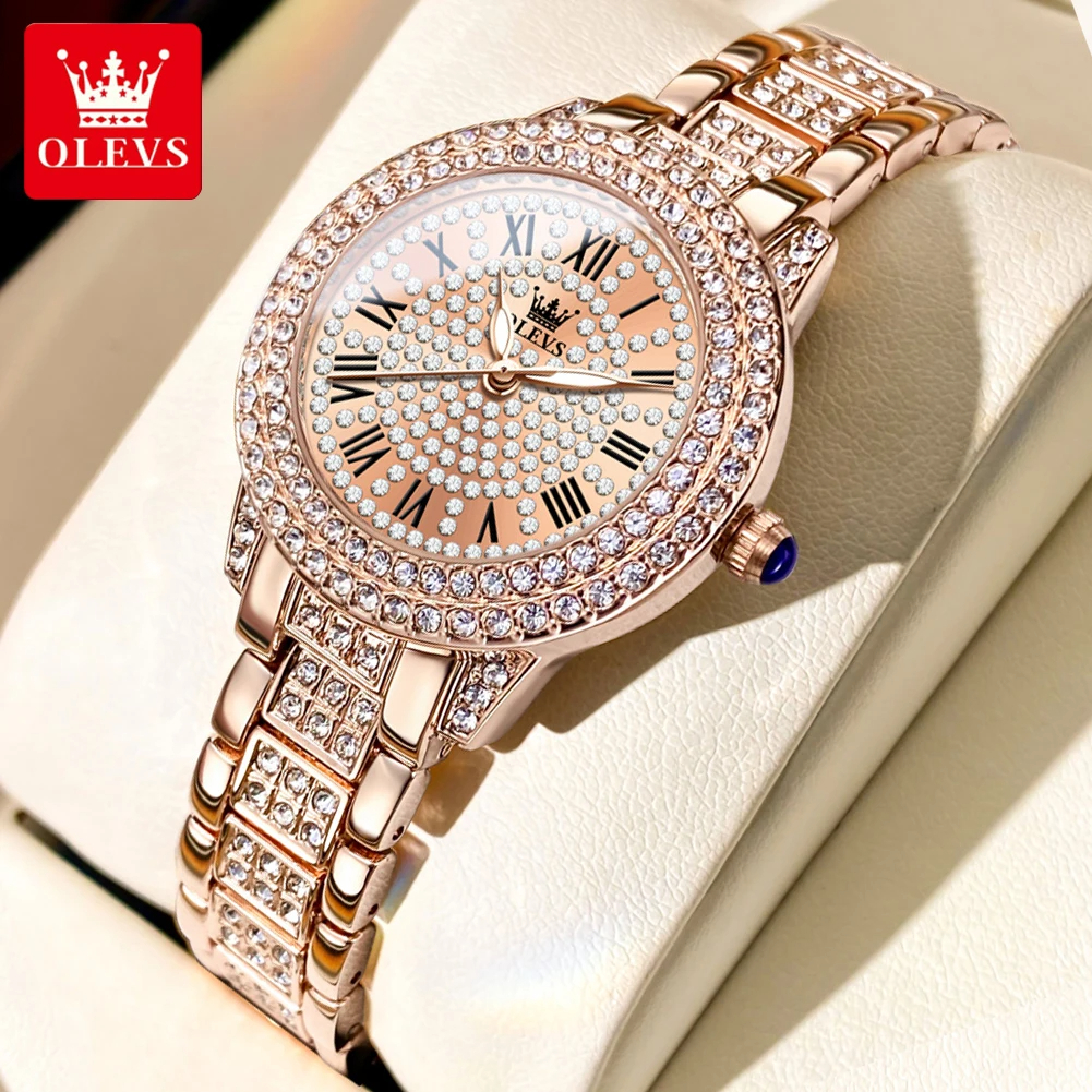 OLEVS-relojes de pulsera de cuarzo originales para mujer, esfera romana, deslumbrante diamante, resistente al agua, luminoso, de lujo, nuevo