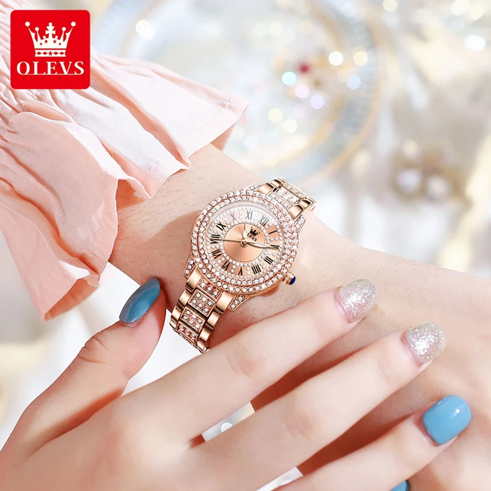 OLEVS-relojes de pulsera de cuarzo originales para mujer, esfera romana, deslumbrante diamante, resistente al agua, luminoso, de lujo, nuevo