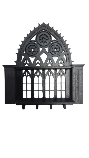 Étagère gothique murale avec rangements et portes clefs.