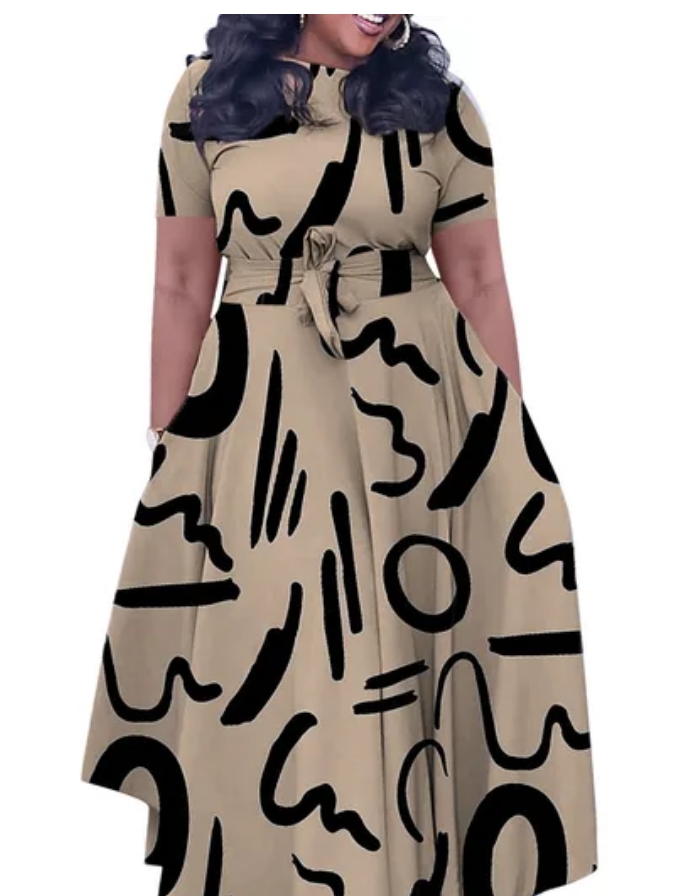 Robe Longue Imprimée Graphique - Ceinture Nouée