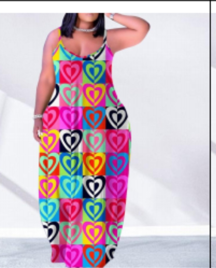 Robe Longue Imprimée Cœurs Colorés - Bretelles Fines