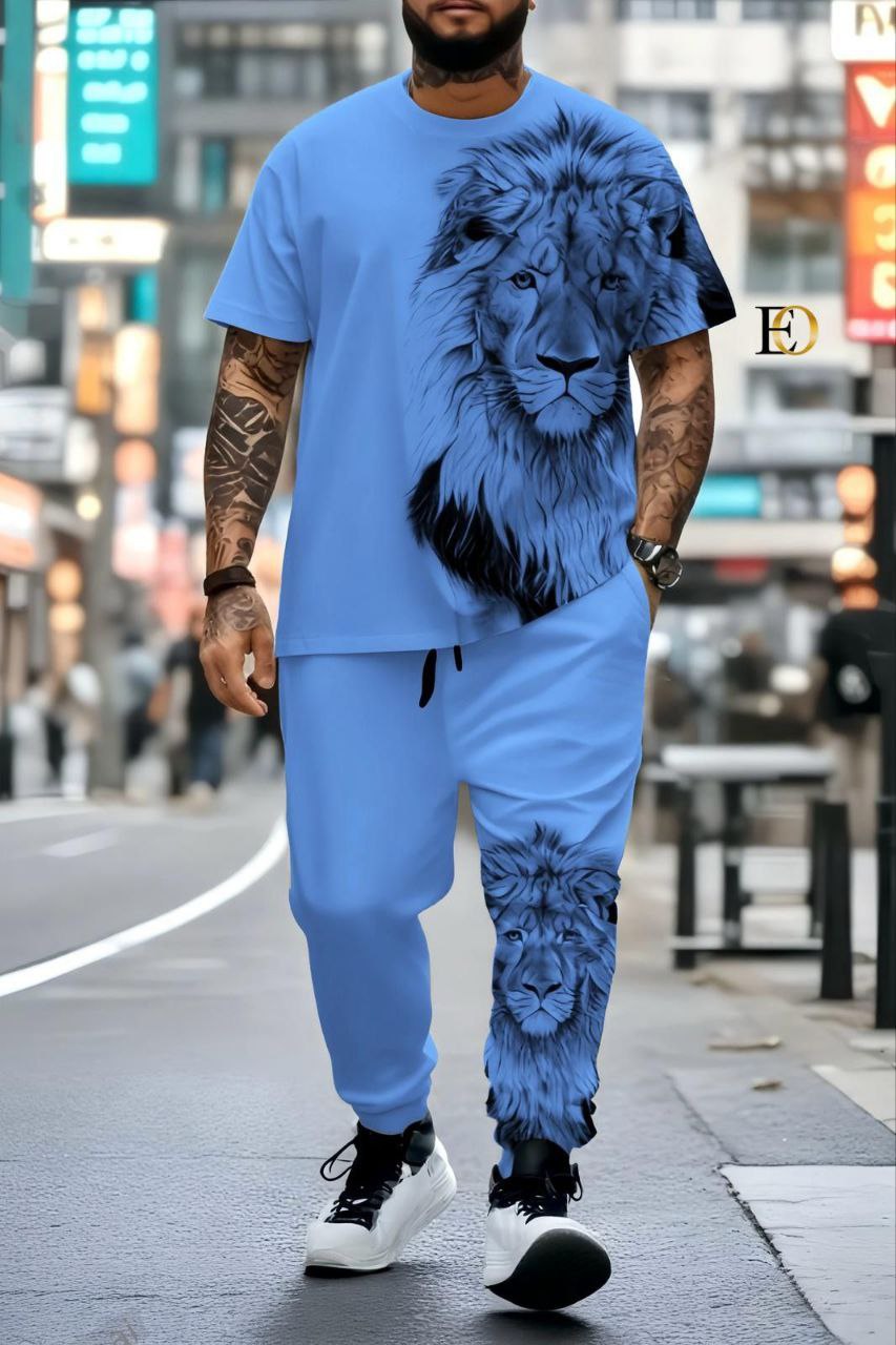Ensemble Survêtement "Roi Lion" - Imprimé 3D Ultra-Stylé (Bleu/Gris/Blanc/Noir)