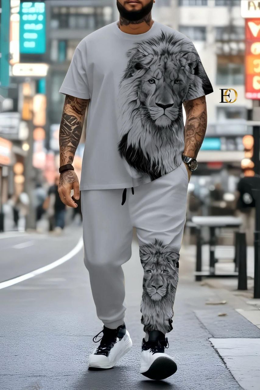 Ensemble Survêtement "Roi Lion" - Imprimé 3D Ultra-Stylé (Bleu/Gris/Blanc/Noir)