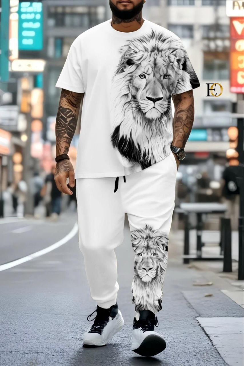 Ensemble Survêtement "Roi Lion" - Imprimé 3D Ultra-Stylé (Bleu/Gris/Blanc/Noir)