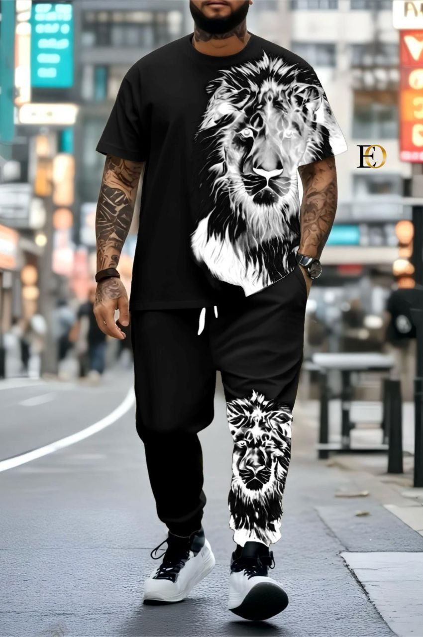 Ensemble Survêtement "Roi Lion" - Imprimé 3D Ultra-Stylé (Bleu/Gris/Blanc/Noir)