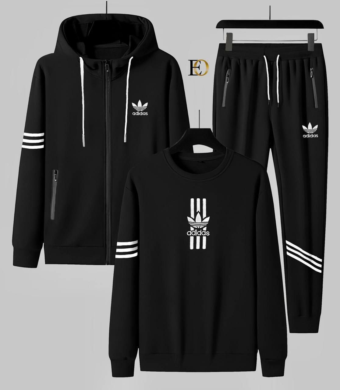 Ensemble de Survêtement Adidas Gris et Noir : Veste à Capuche, Sweat-shirt et Pantalon Assortis