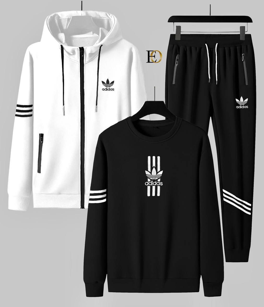 Ensemble de Survêtement Adidas Gris et Noir : Veste à Capuche, Sweat-shirt et Pantalon Assortis