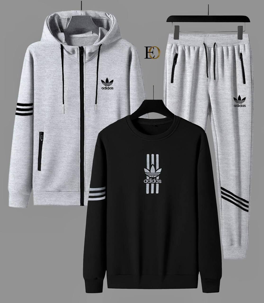 Ensemble de Survêtement Adidas Gris et Noir : Veste à Capuche, Sweat-shirt et Pantalon Assortis