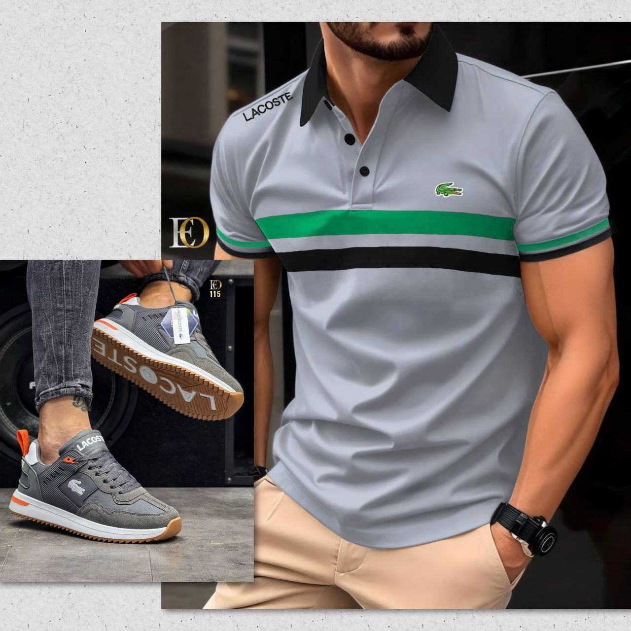  Polo Lacoste Gris avec Bande Verte et Noire - Chaussures Assorties Offertes