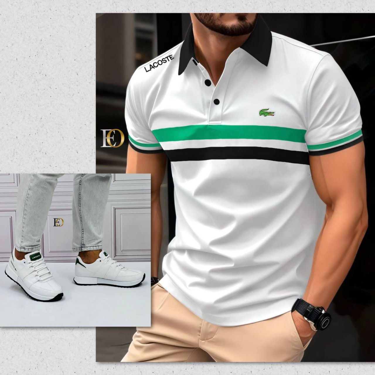  Polo Lacoste Gris avec Bande Verte et Noire - Chaussures Assorties Offertes
