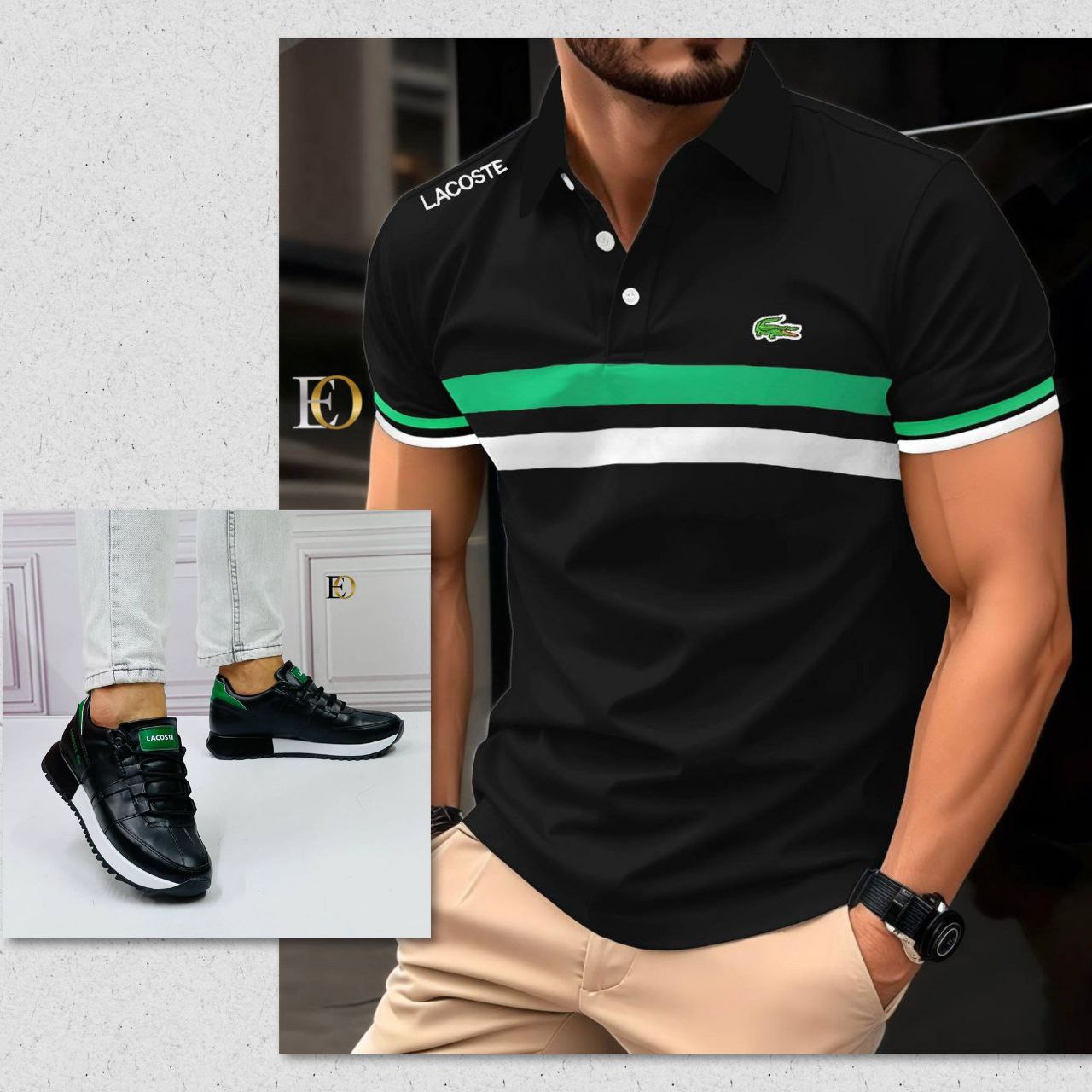  Polo Lacoste Gris avec Bande Verte et Noire - Chaussures Assorties Offertes
