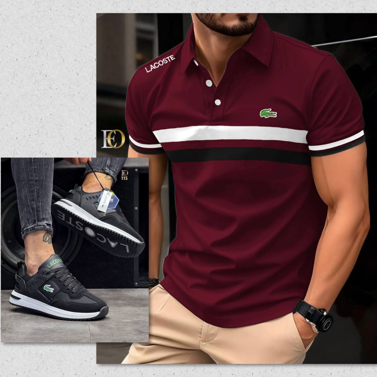  Polo Lacoste Gris avec Bande Verte et Noire - Chaussures Assorties Offertes