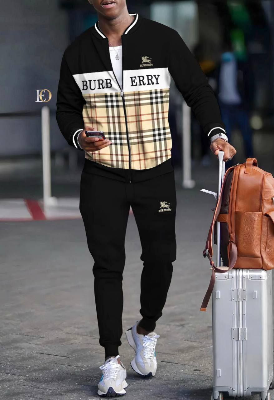  Ensemble Burberry Gris et Noir : Veste et Pantalon de Jogging - Motif Check Iconique