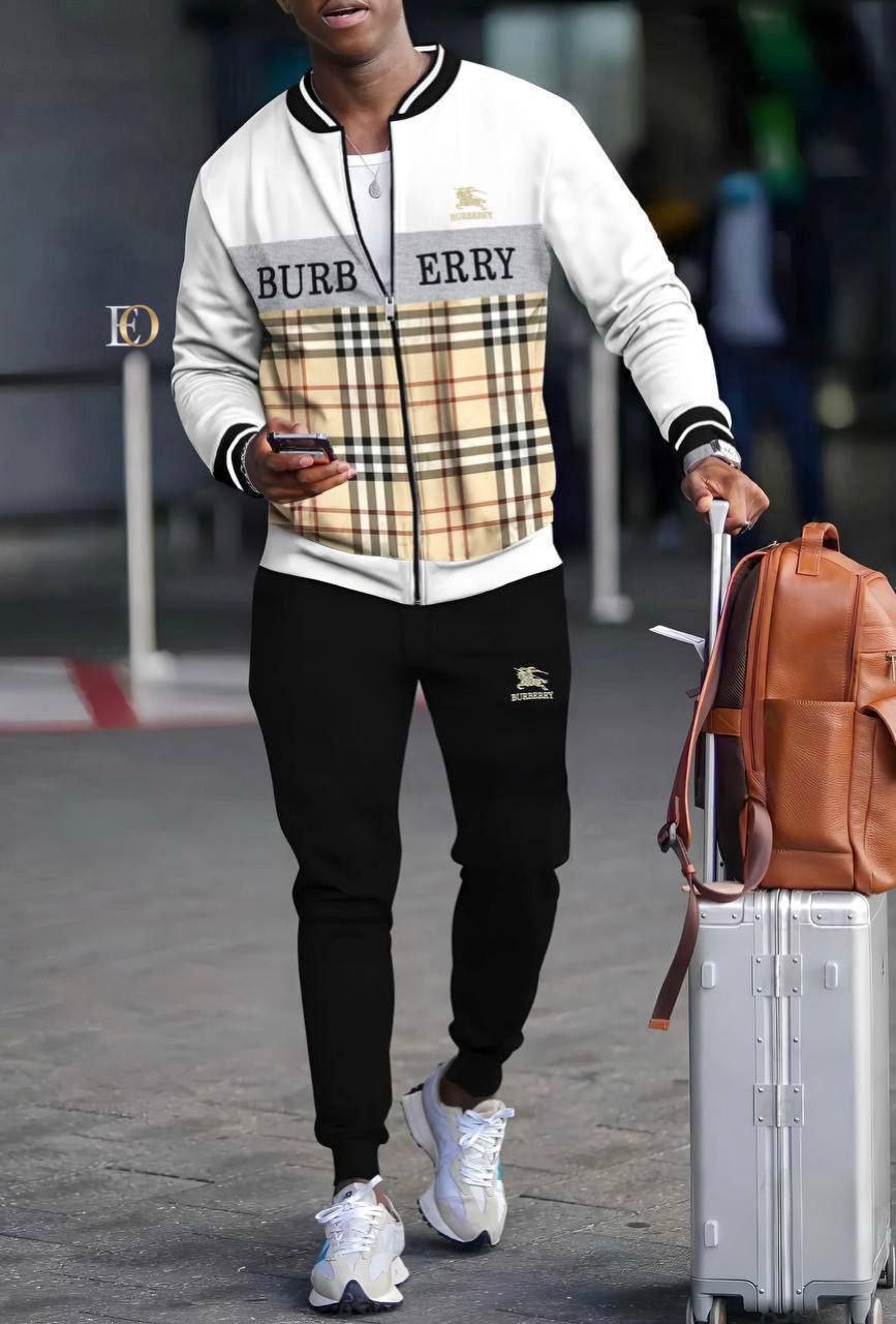  Ensemble Burberry Gris et Noir : Veste et Pantalon de Jogging - Motif Check Iconique