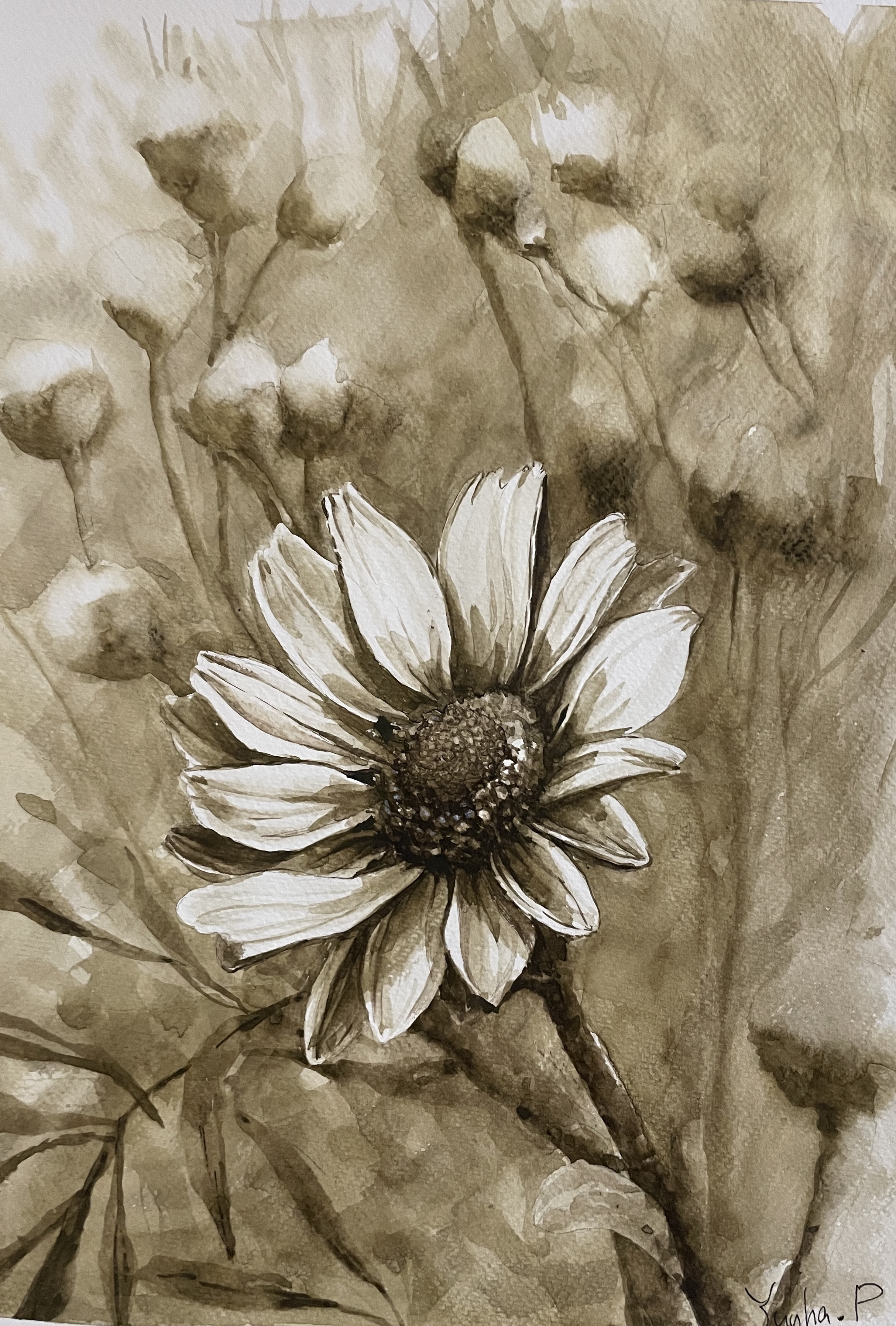 Original Watercolor Flower Painting. Floral.Monotone.Deco.Gift.Wall art.Fine Art.