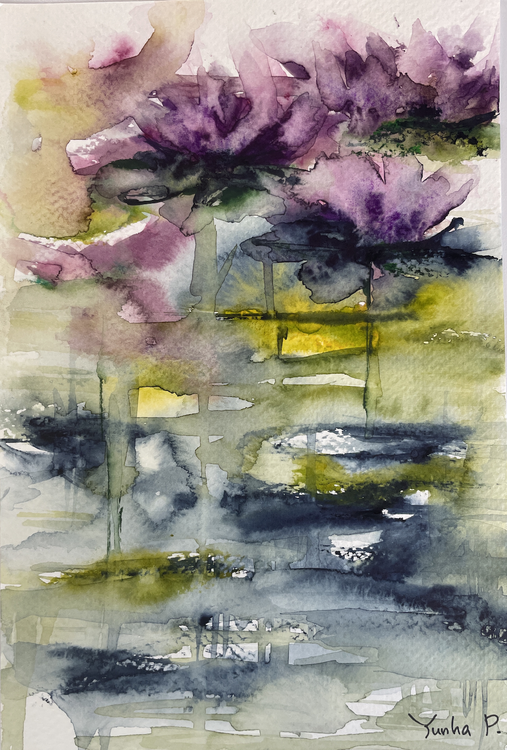 Original Abstract Watercolor Flowers. Lotus. Deco. Gift. Mothersday.