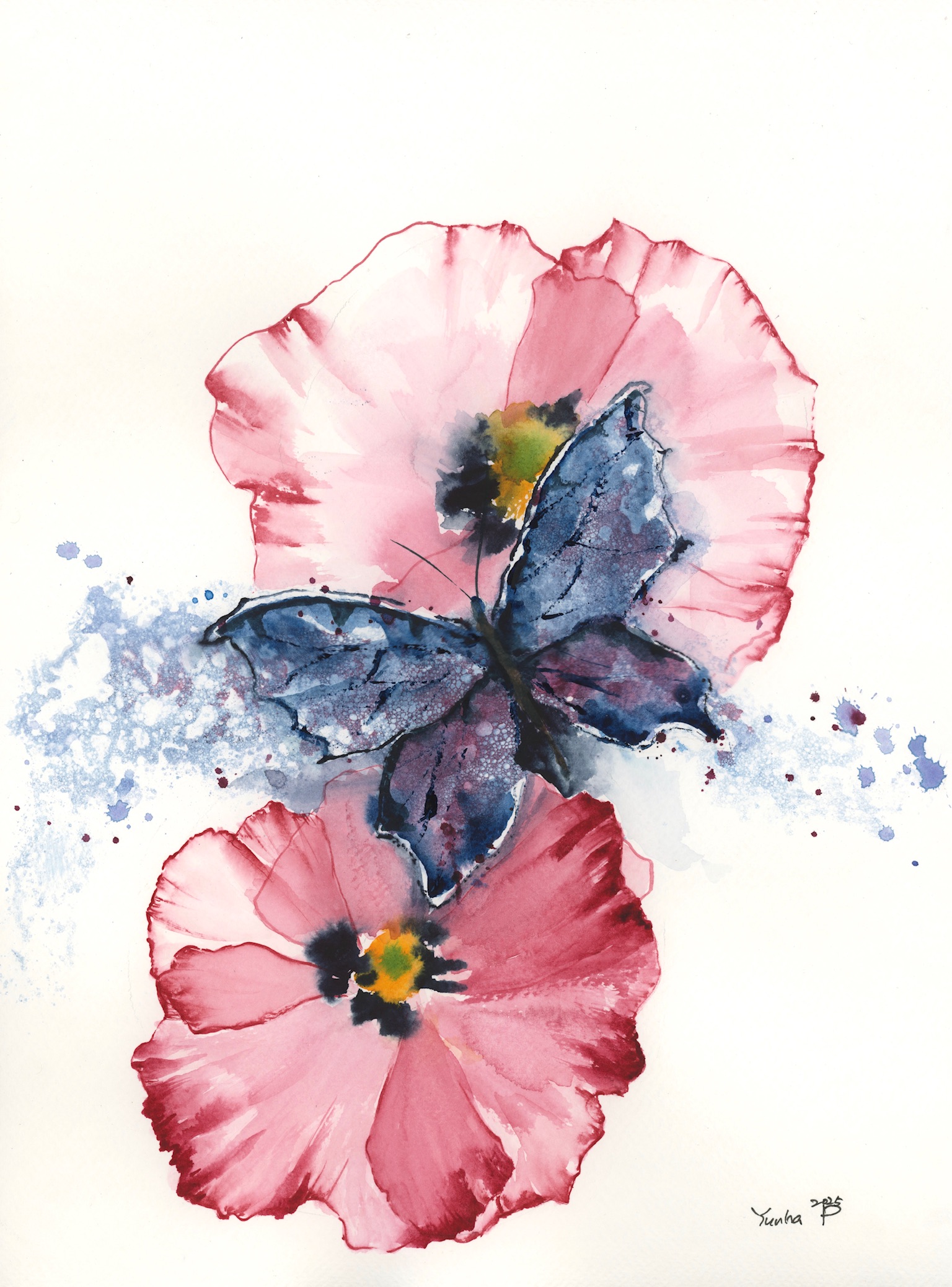 Watercolor Butterfly and Flowers Painting