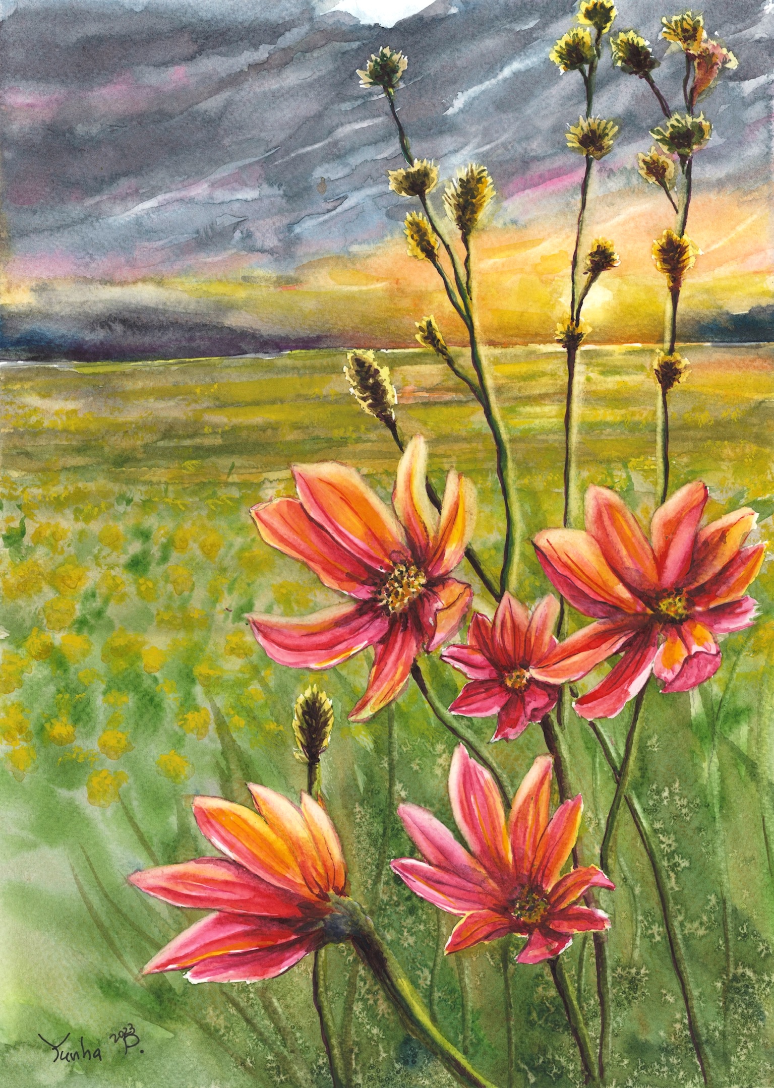 Original painting.Hand-painted Flower Landscape Art.[11'x15' watercolor paper]