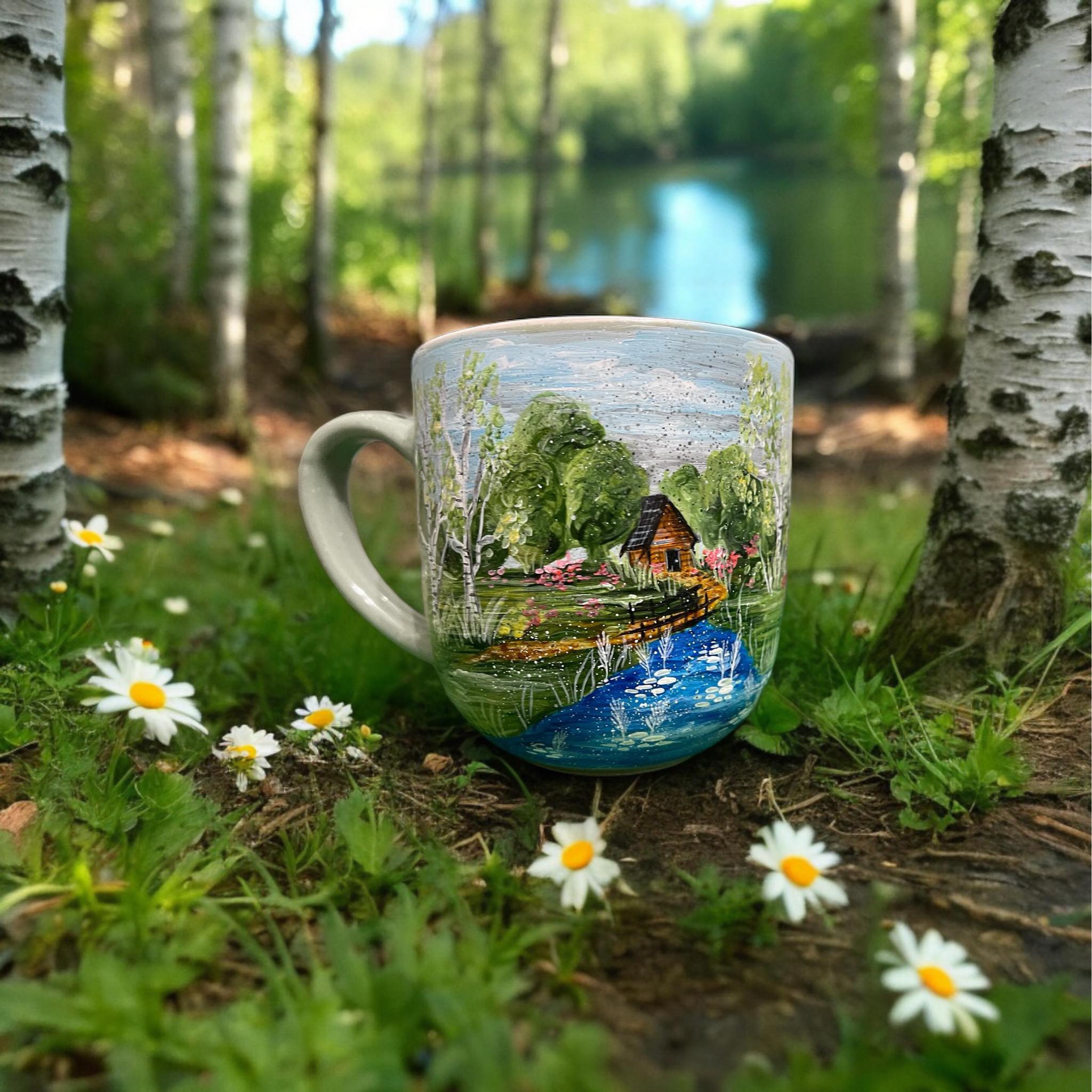 Rankų darbo puodelis su gamtos peizažu