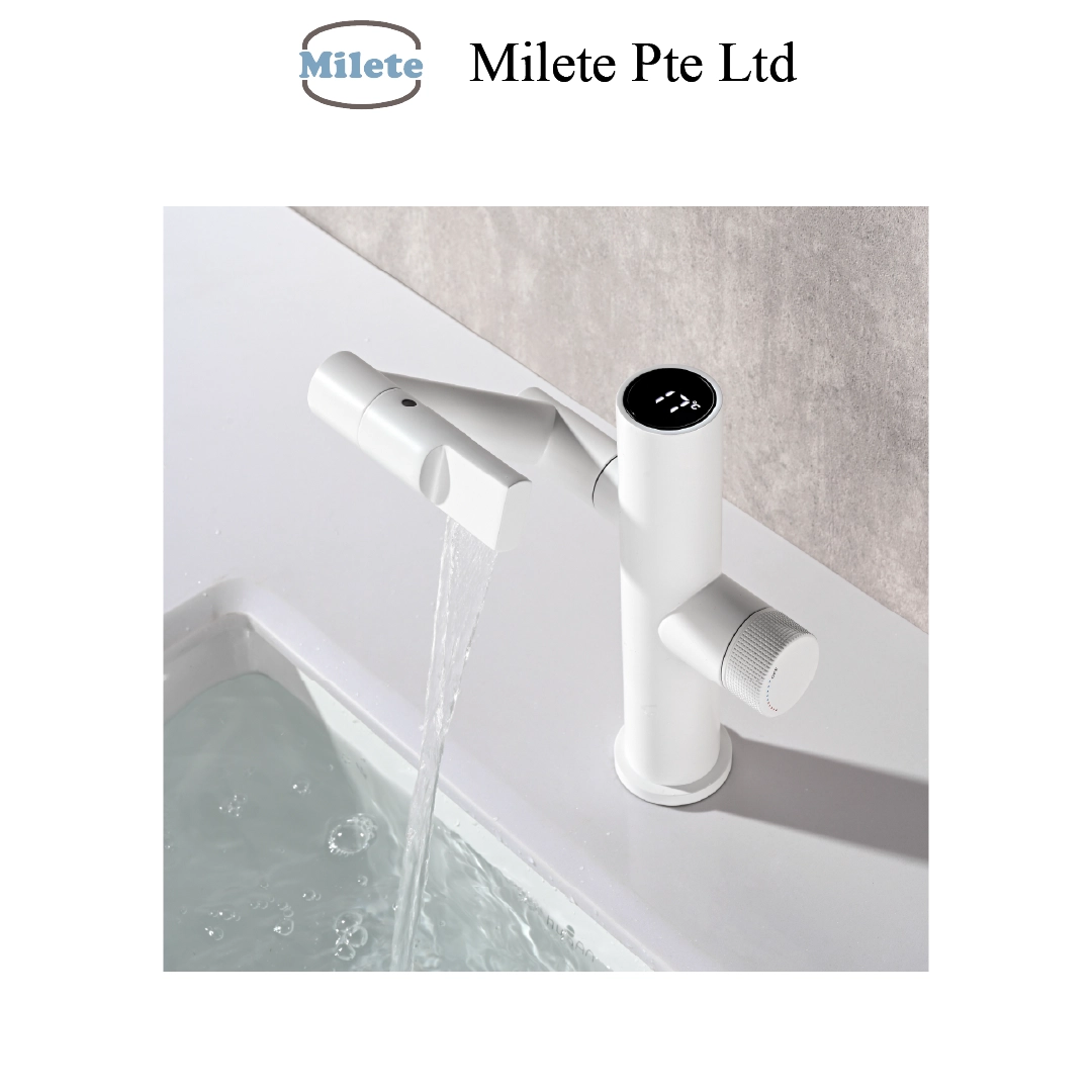 White Digital Basin Tap with Temperature Display, Modern Smart Bathroom Faucet