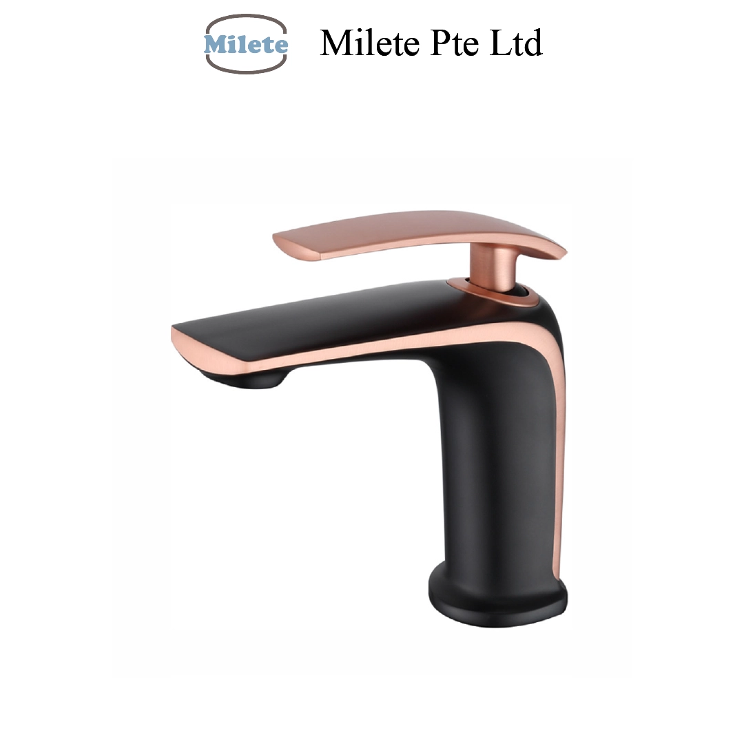 Luxury Black & Rose Gold Basin Tap, Modern Pillar Mounted Bathroom Faucet