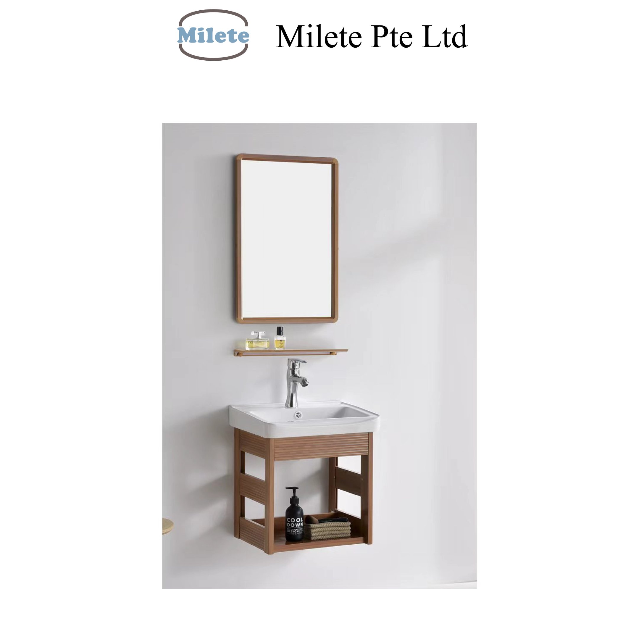 Contemporary Wooden Bathroom Vanity with Sink, Mirror,  Organizer Shelves & Open Shelf Storage