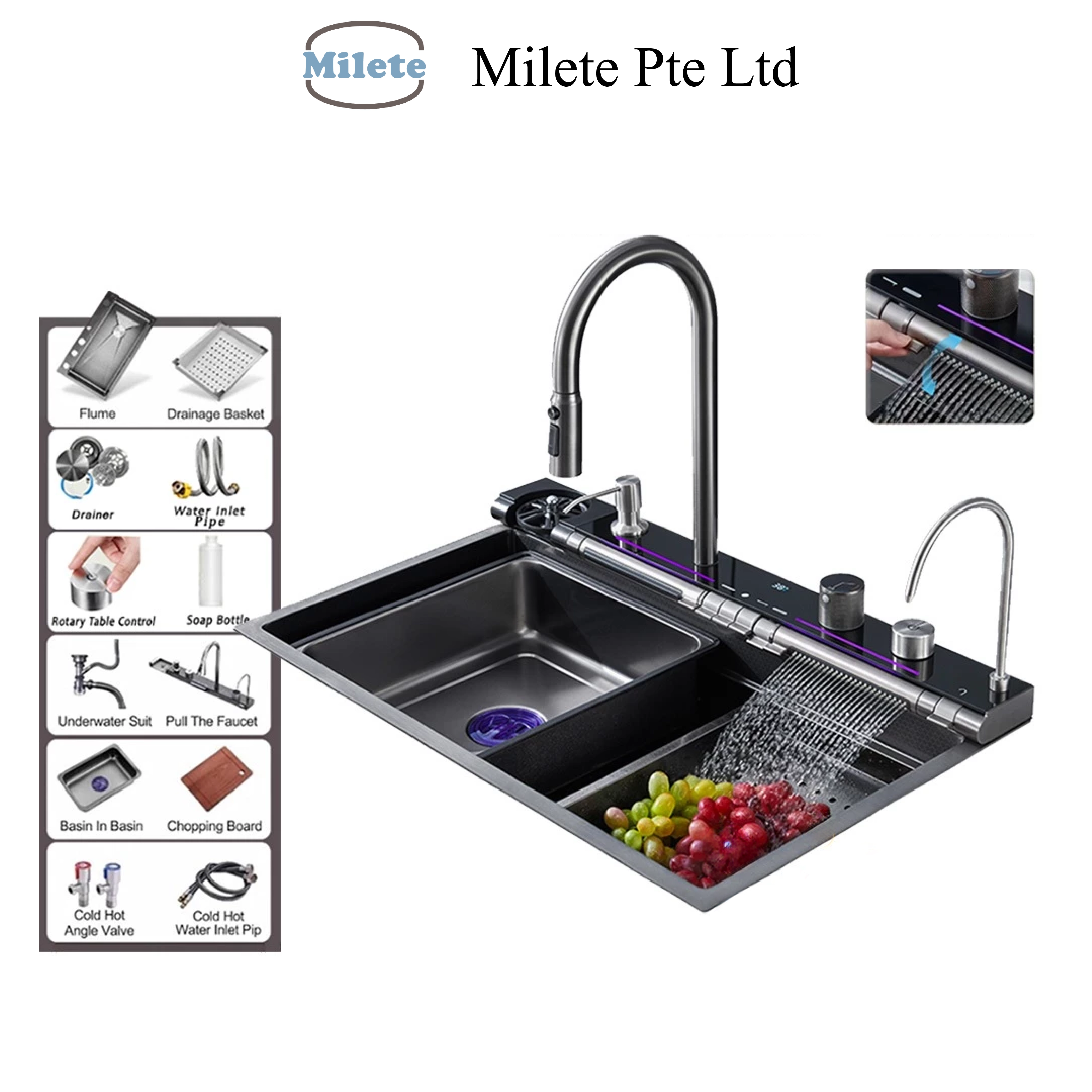 75cm 304 Stainless Steel Waterfall Kitchen Sink with Pull-Out Faucet, Accessories & Soap Dispenser
