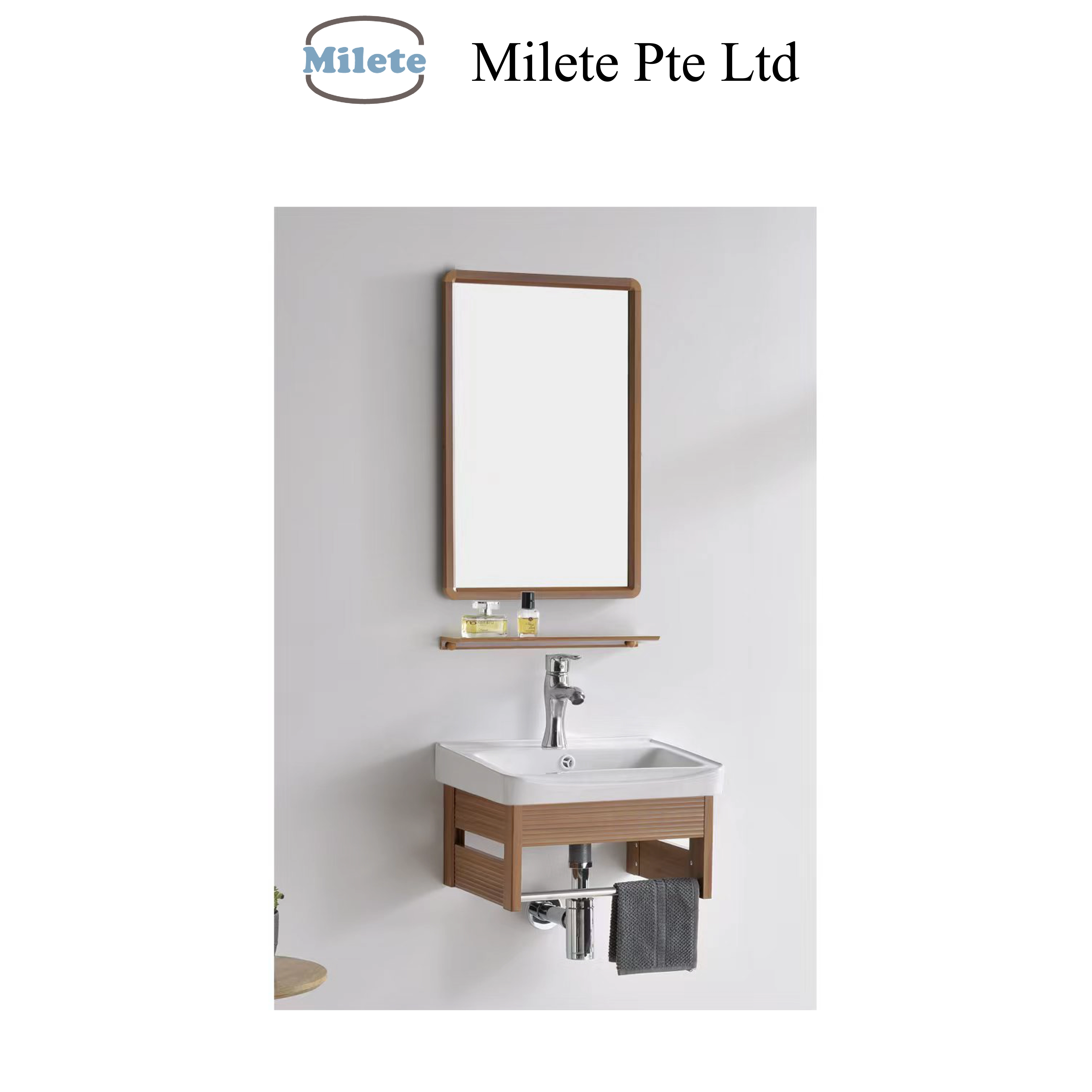 Modern Wooden Vanity with Basin, Mirror, Towel Hanger & Open Shelf Storage, Bathroom Set