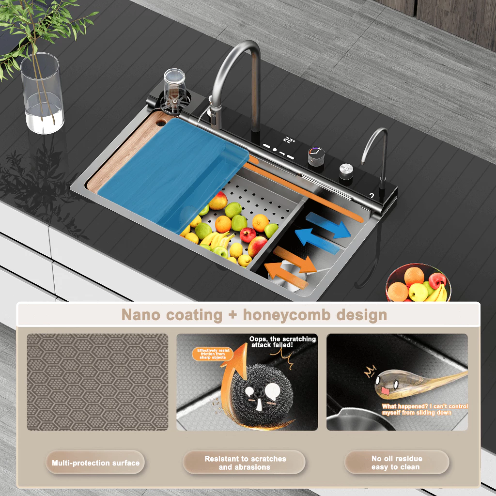 75cm 304 Stainless Steel Waterfall Kitchen Sink with Pull-Out Faucet, Accessories & Soap Dispenser