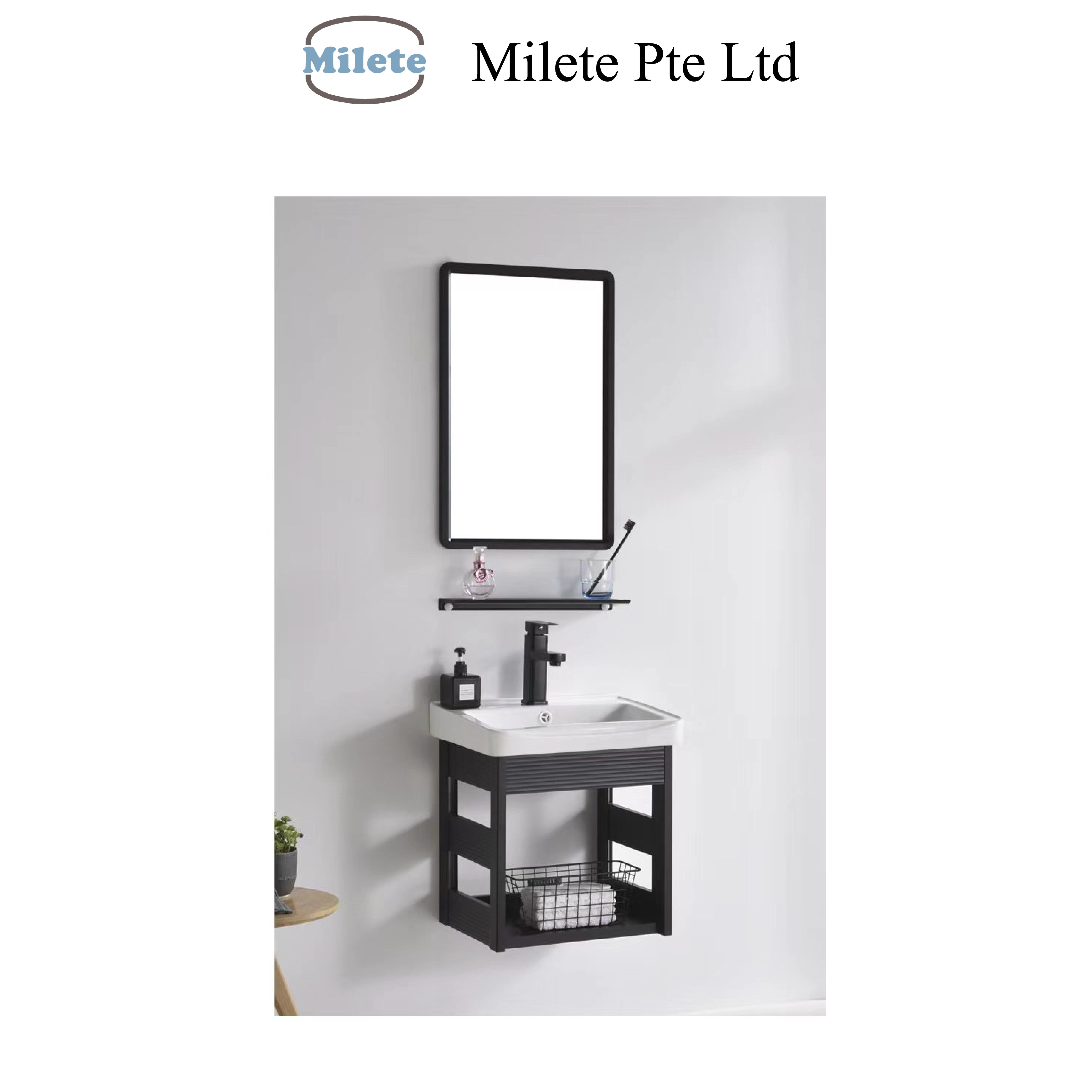 Contemporary Wooden Bathroom Vanity with Sink, Mirror,  Organizer Shelves & Open Shelf Storage