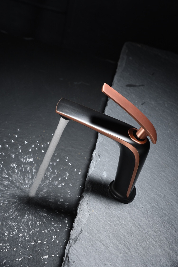 Luxury Black & Rose Gold Basin Tap, Modern Pillar Mounted Bathroom Faucet