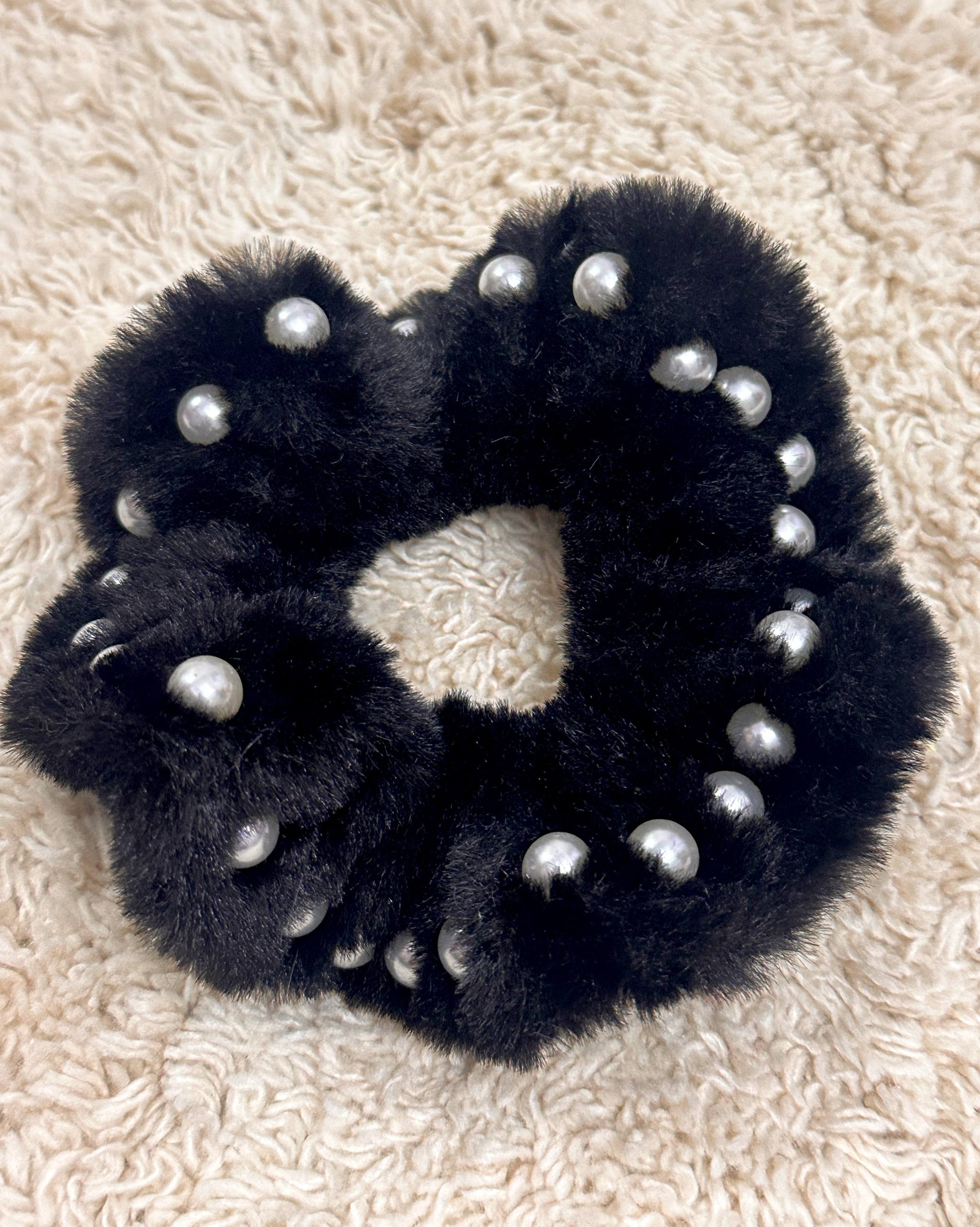 Pearl Embellished Faux Fur Scrunchie