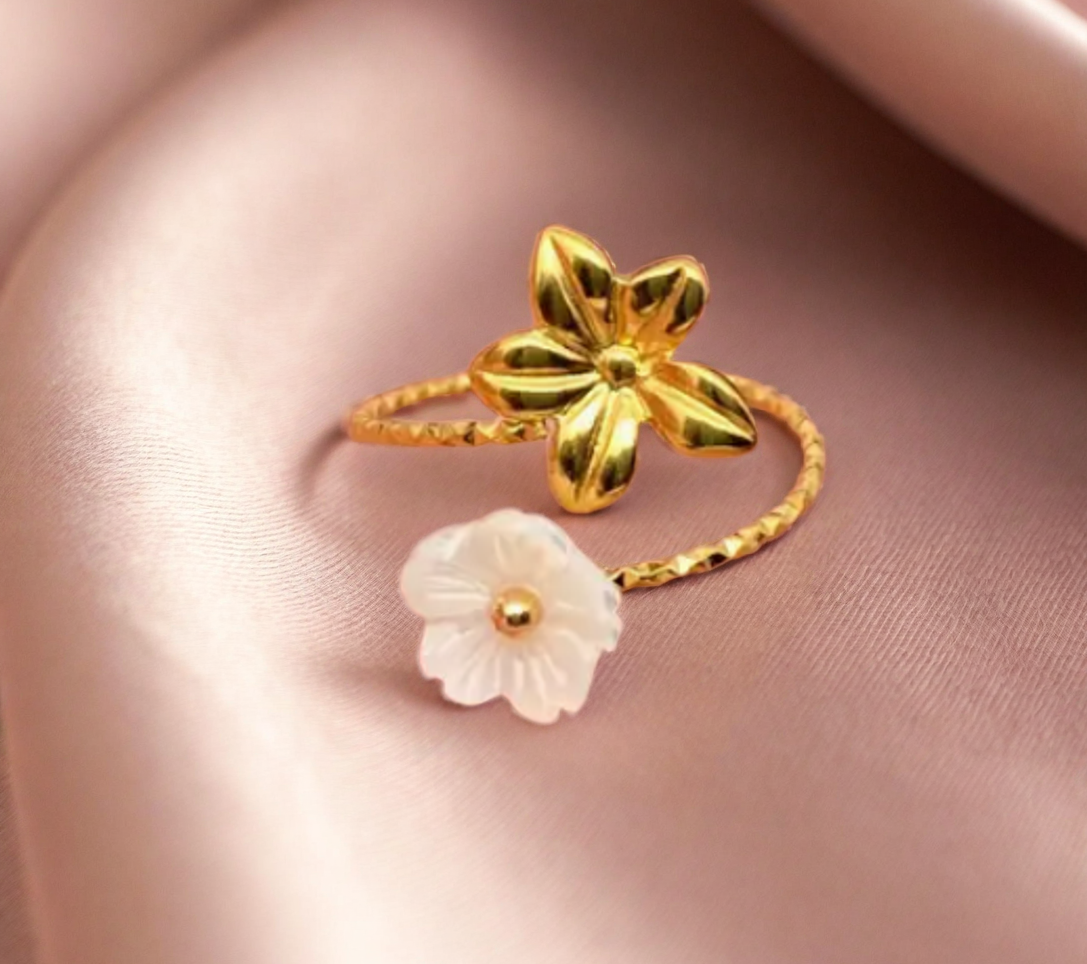 18K Gold Plated Adjustable Pearl Flower Ring For Women | GENICX