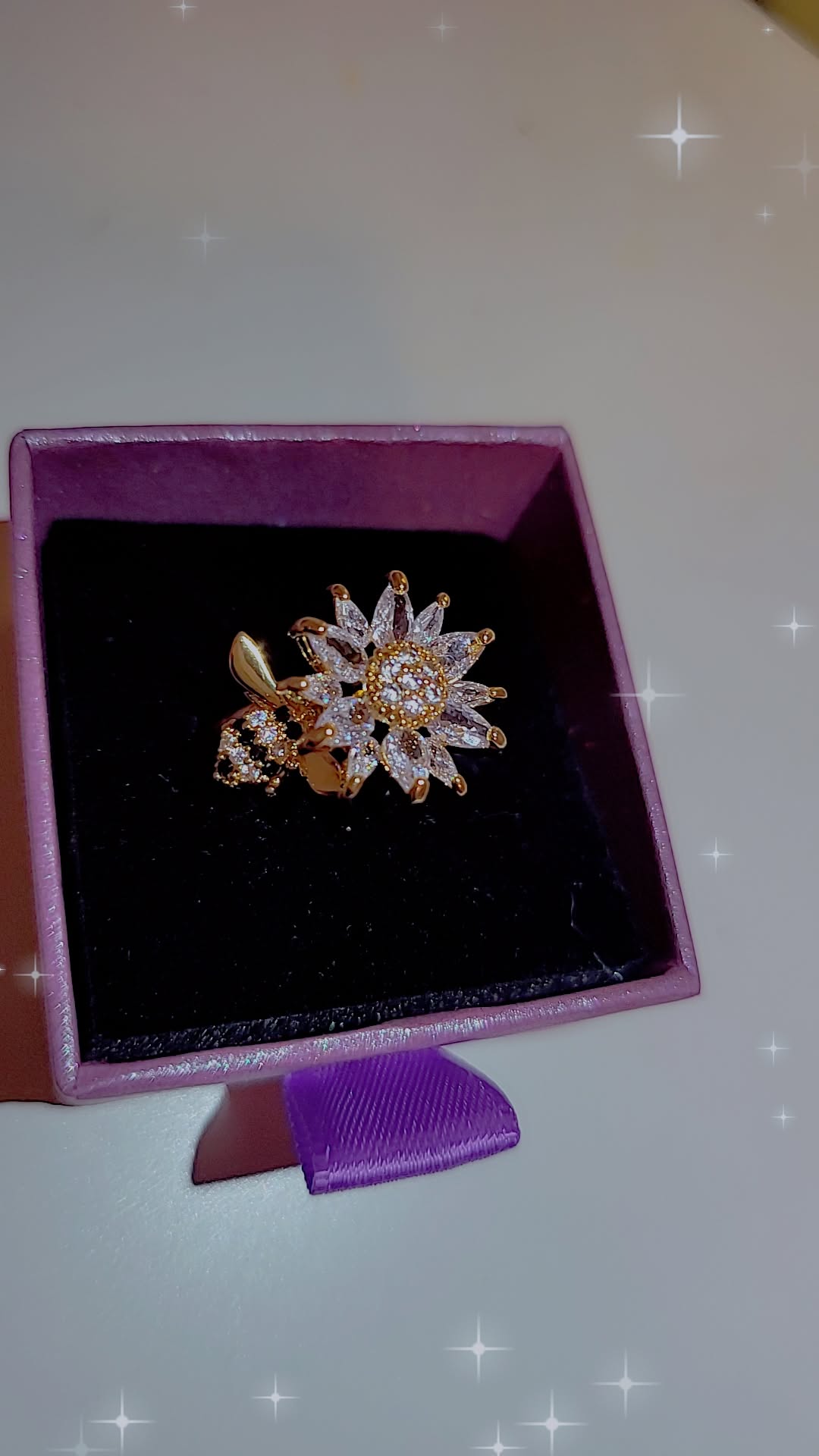 24K Gold Filled Paved Flower Bumble Bee Ring For Women | GENICX
