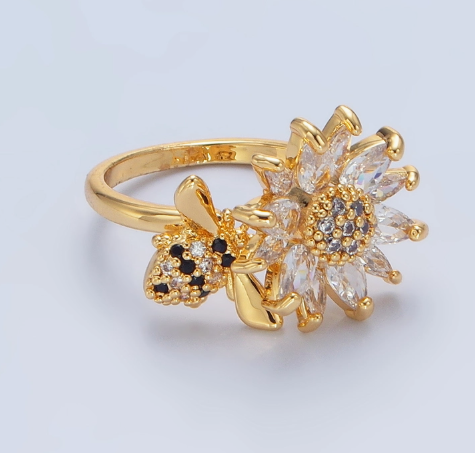 24K Gold Filled Paved Flower Bumble Bee Ring For Women | GENICX