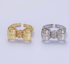 24K Gold Filled Micro Paved Puffed Ribbon Bow Adjustable Ring For Women | GENICX