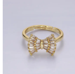 14K Gold Filled Clear Baguette Bow Ribbon Adjustable Ring For Women | GENICX