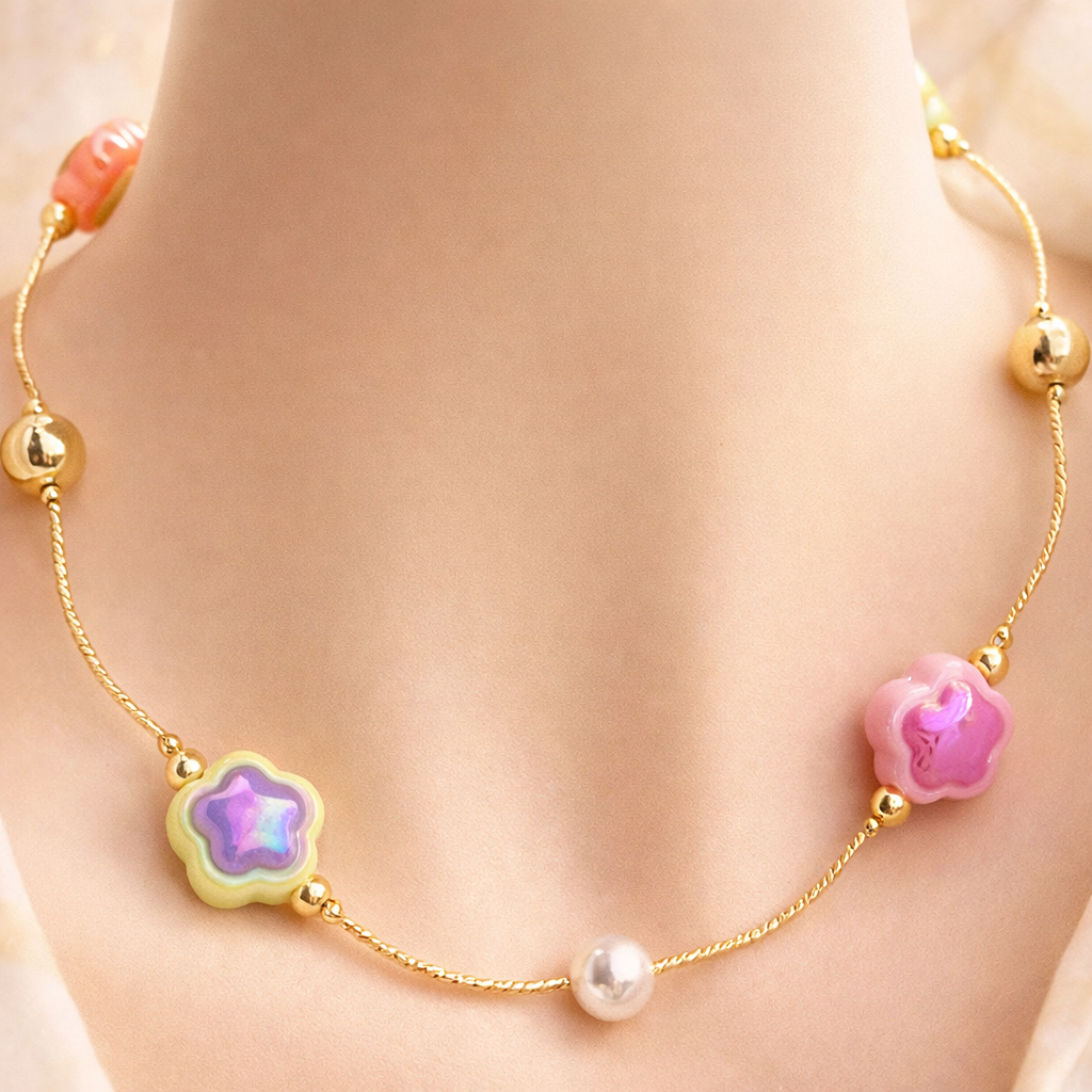 18K Gold Plated Pastel Flower & Pearl Charm Necklace | GENICX