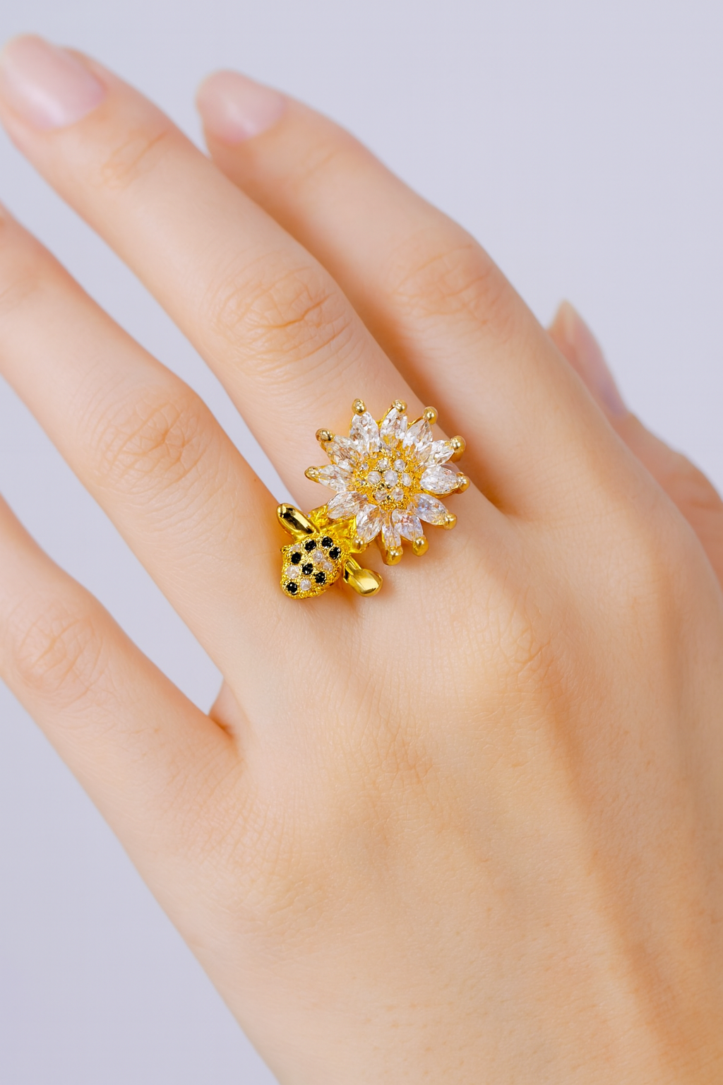 24K Gold Filled Paved Flower Bumble Bee Ring For Women | GENICX